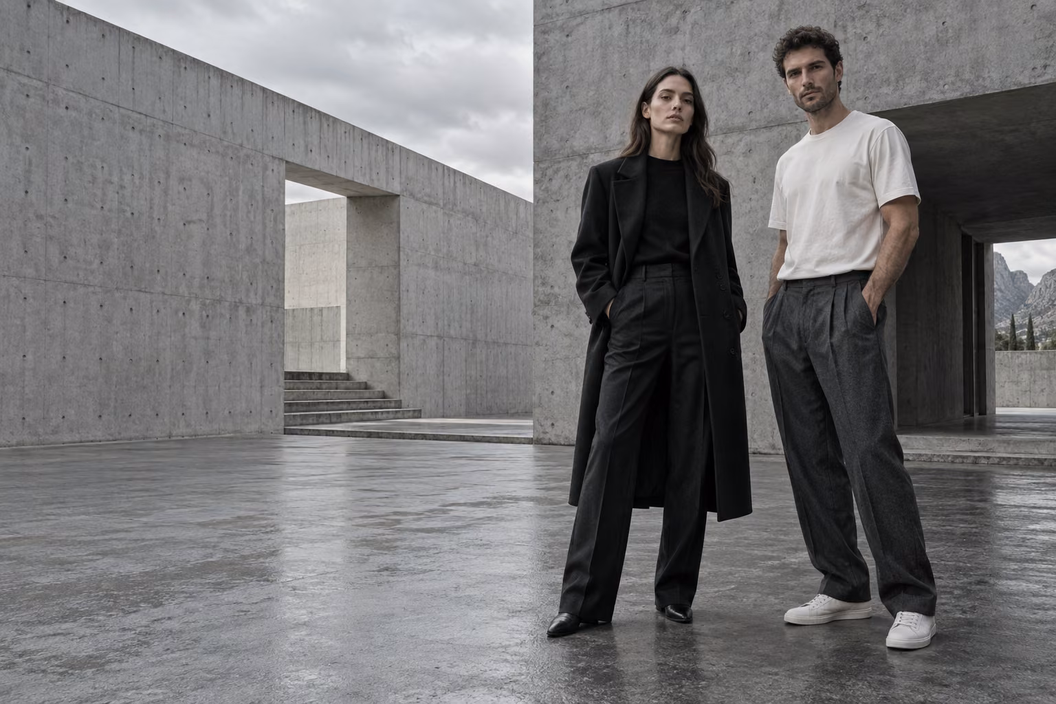 Two models in monochrome tailoring in a concrete courtyard